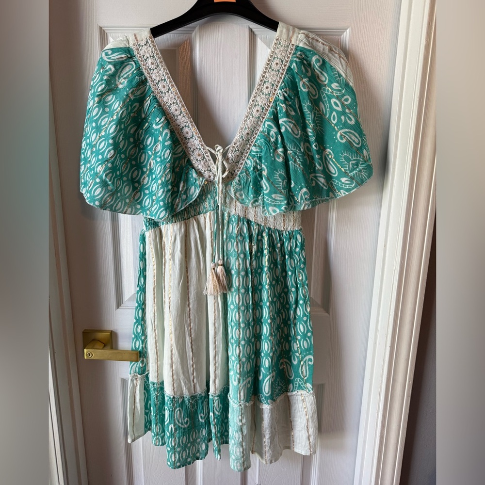 Indian Boho Green and White Maxi Dress L/XL